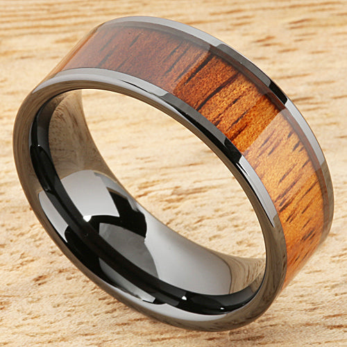 8mm Natural Hawaiian Koa Wood Inlaid High Tech Black Ceramic Flat Wedding Ring