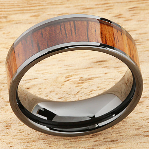 8mm Natural Hawaiian Koa Wood Inlaid High Tech Black Ceramic Flat Wedding Ring