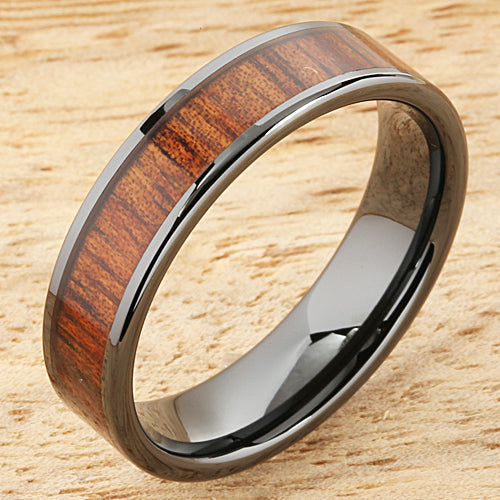 6mm Natural Hawaiian Koa Wood Inlaid High Tech Black Ceramic Flat Wedding Ring