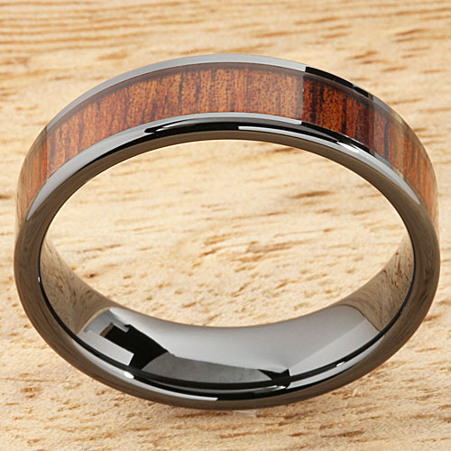 6mm Natural Hawaiian Koa Wood Inlaid High Tech Black Ceramic Flat Wedding Ring