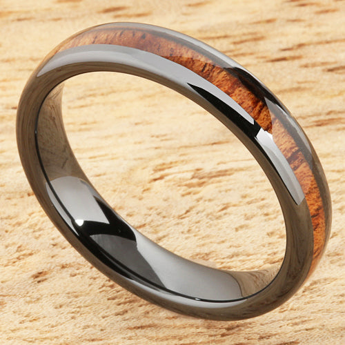 4mm Natural Hawaiian Koa Wood Inlaid High Tech Black Ceramic Oval Wedding Ring