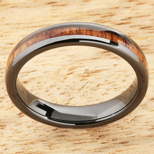 4mm Natural Hawaiian Koa Wood Inlaid High Tech Black Ceramic Oval Wedding Ring
