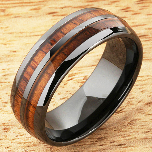 8mm Natural Hawaiian Koa Wood Inlaid High Tech Black Ceramic Double Row Wedding Ring