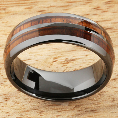 8mm Natural Hawaiian Koa Wood Inlaid High Tech Black Ceramic Double Row Wedding Ring