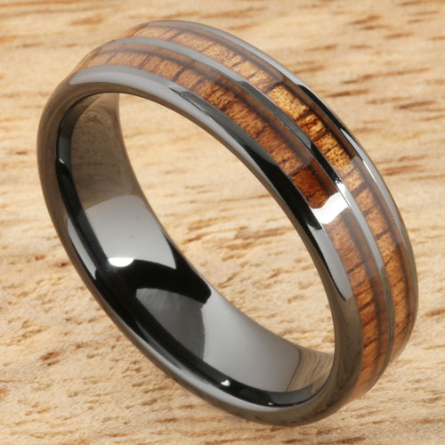 6mm Natural Hawaiian Koa Wood Inlaid High Tech Black Ceramic Double Row Wedding Ring