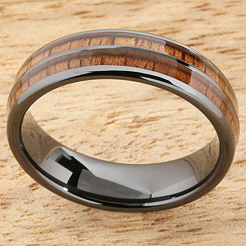 6mm Natural Hawaiian Koa Wood Inlaid High Tech Black Ceramic Double Row Wedding Ring