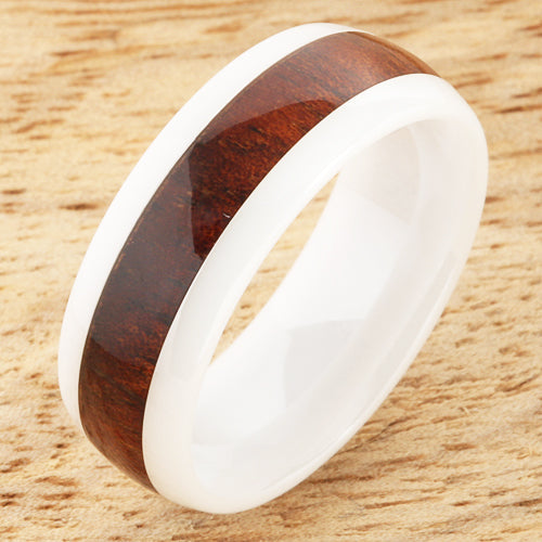 8mm Natural Hawaiian Koa Wood Inlaid High Tech White Ceramic Oval Wedding Ring