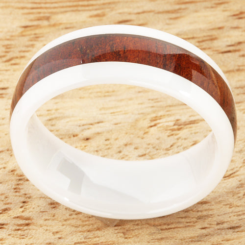 8mm Natural Hawaiian Koa Wood Inlaid High Tech White Ceramic Oval Wedding Ring