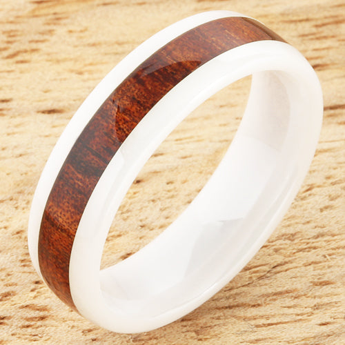 6mm Natural Hawaiian Koa Wood Inlaid High Tech White Ceramic Oval Wedding Ring