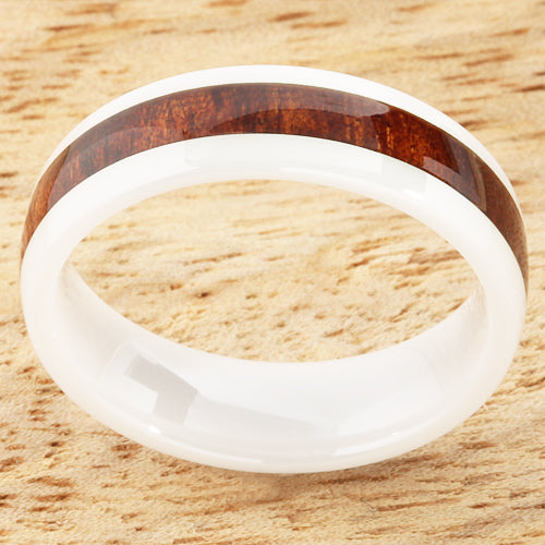6mm Natural Hawaiian Koa Wood Inlaid High Tech White Ceramic Oval Wedding Ring