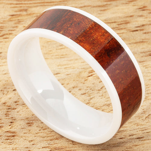 8mm Natural Hawaiian Koa Wood Inlaid High Tech White Ceramic Flat Wedding Ring