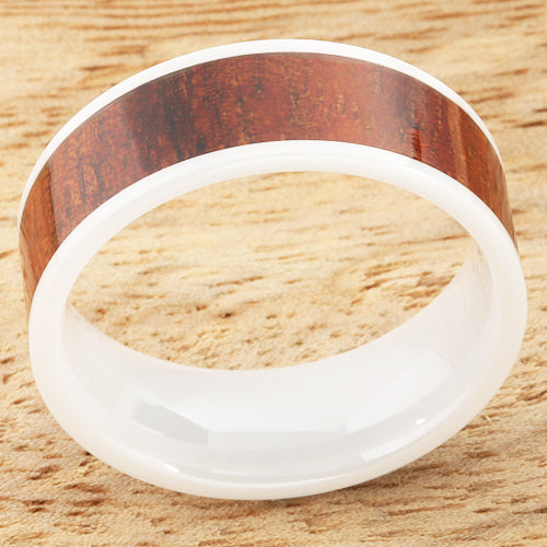 8mm Natural Hawaiian Koa Wood Inlaid High Tech White Ceramic Flat Wedding Ring