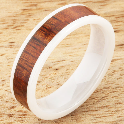 6mm Natural Hawaiian Koa Wood Inlaid High Tech White Ceramic Flat Wedding Ring