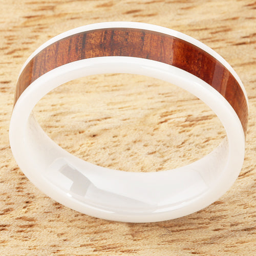 6mm Natural Hawaiian Koa Wood Inlaid High Tech White Ceramic Flat Wedding Ring