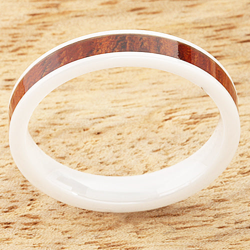 4mm Natural Hawaiian Koa Wood Inlaid High Tech White Ceramic Flat Wedding Ring