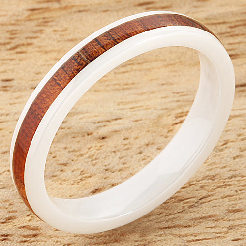 4mm Natural Hawaiian Koa Wood Inlaid High Tech White Ceramic Barrel Wedding Ring