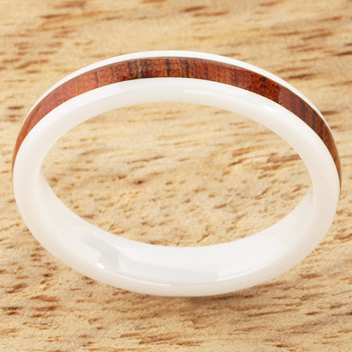 4mm Natural Hawaiian Koa Wood Inlaid High Tech White Ceramic Barrel Wedding Ring