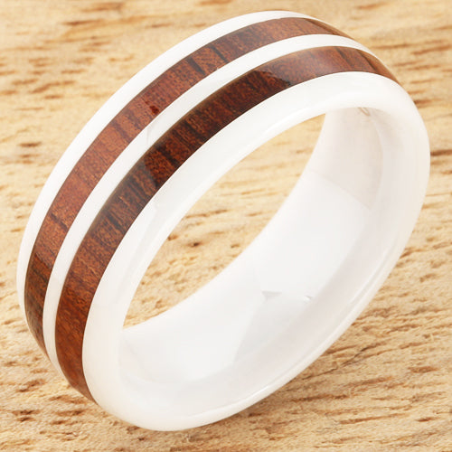 8mm Natural Hawaiian Koa Wood Inlaid High Tech White Ceramic Double Row Wedding Ring