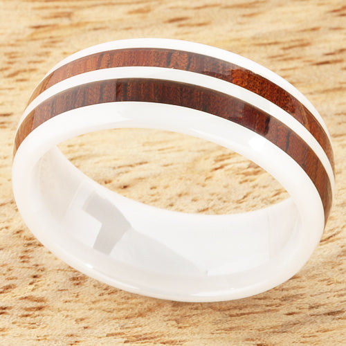 8mm Natural Hawaiian Koa Wood Inlaid High Tech White Ceramic Double Row Wedding Ring