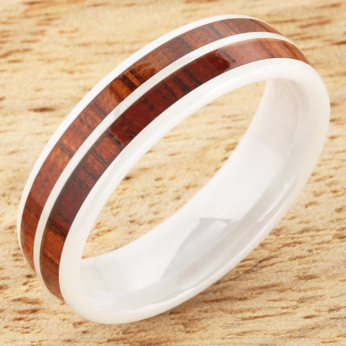 6mm Natural Hawaiian Koa Wood Inlaid High Tech White Ceramic Double Row Wedding Ring