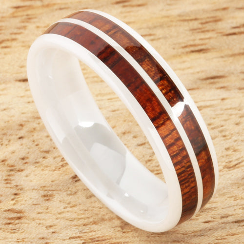 6mm Natural Hawaiian Koa Wood Inlaid High Tech White Ceramic Double Row Wedding Ring