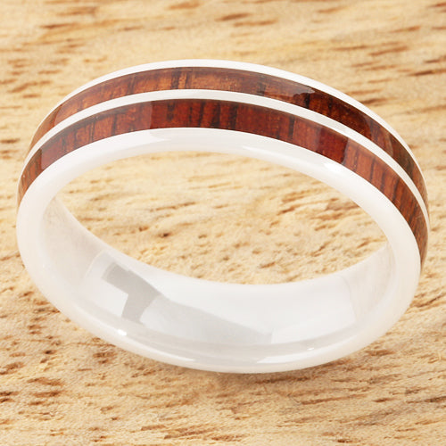 6mm Natural Hawaiian Koa Wood Inlaid High Tech White Ceramic Double Row Wedding Ring
