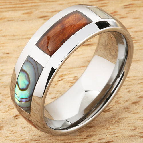 8mm Natural Hawaiian Koa Wood and Abalone Inlaid Tungsten Block Wedding Ring