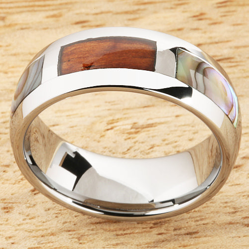 8mm Natural Hawaiian Koa Wood and Abalone Inlaid Tungsten Block Wedding Ring