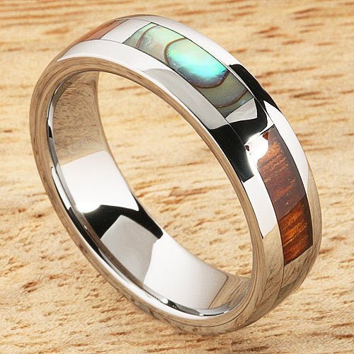 6mm Natural Hawaiian Koa Wood and Abalone Inlaid Tungsten Block Wedding Ring