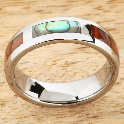 6mm Natural Hawaiian Koa Wood and Abalone Inlaid Tungsten Block Wedding Ring