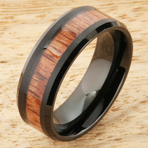 8mm Natural Hawaiian Koa Wood Inlaid Tungsten Beveled Edge Wedding Ring Iron Plated Black
