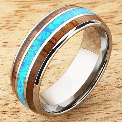 Koa Wood Opal Tungsten Wedding Ring 8mm Triple Row Men's Ring