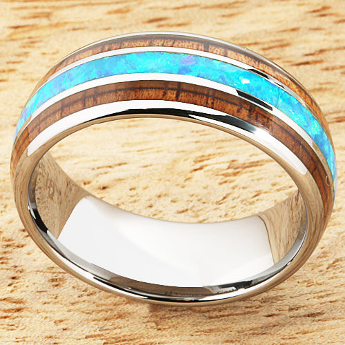 Koa Wood Opal Tungsten Wedding Ring 8mm Triple Row Men's Ring