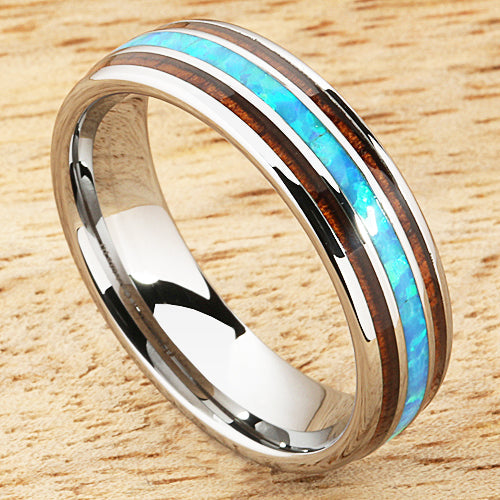 Koa Wood Opal Tungsten Wedding Ring Center/Opal 6mm Barrel Shape Hawaiian Ring