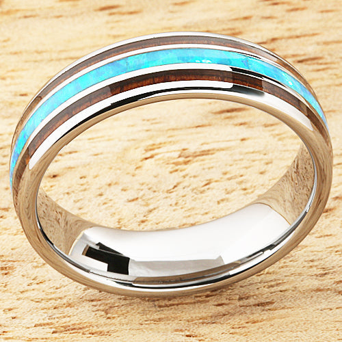 Koa Wood Opal Tungsten Wedding Ring Center/Opal 6mm Barrel Shape Hawaiian Ring