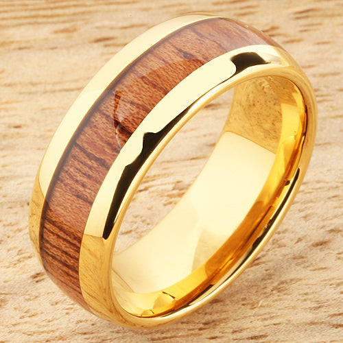 8mm Natural Hawaiian Koa Wood Inlaid Tungsten Oval Wedding Ring Yellow Gold Plated