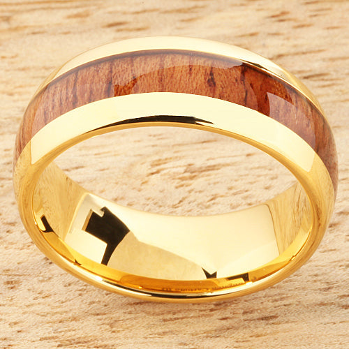 8mm Natural Hawaiian Koa Wood Inlaid Tungsten Oval Wedding Ring Yellow Gold Plated