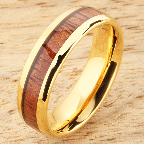 6mm Natural Hawaiian Koa Wood Inlaid Tungsten Oval Wedding Ring Yellow Gold Plated