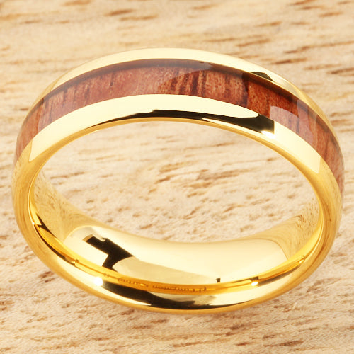 6mm Natural Hawaiian Koa Wood Inlaid Tungsten Oval Wedding Ring Yellow Gold Plated