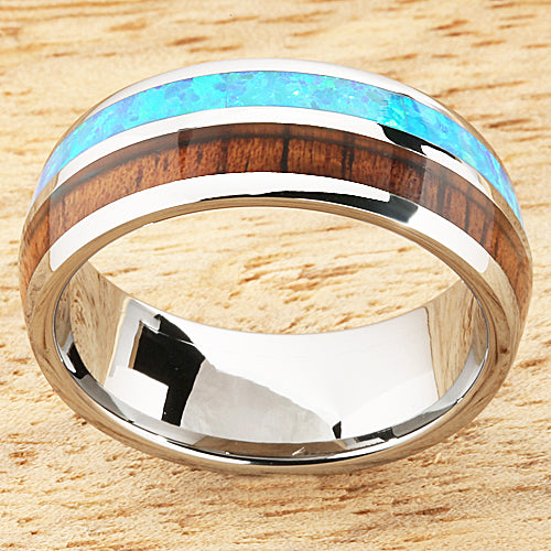 Opal Koa wood Ring Tungsten Comfort fit mens wedding ring – Makani
