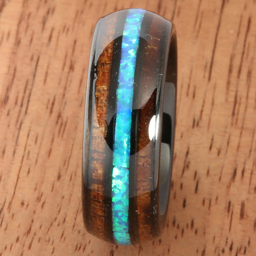 Black Tungsten Opal Koa Wood Ring Barrel Shape 8mm Band