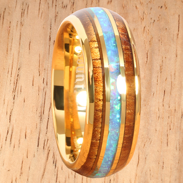 YG Plated Koa Wood Opal Tungsten Wedding Ring 8mm Triple Row Men's Ring