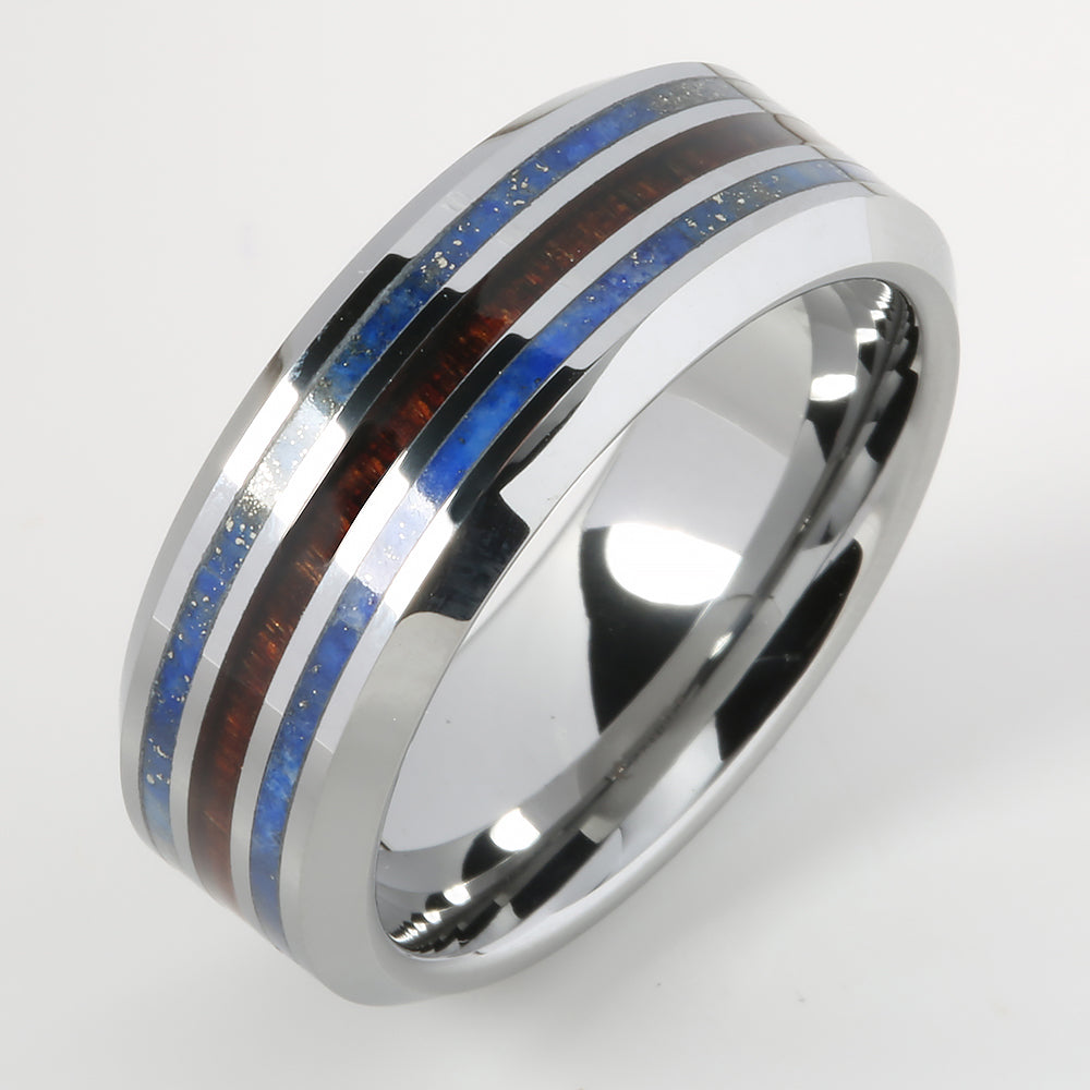 Tungsten Lapis Lazuli and Hawaiian Koa Wood Inlaid Triple Row Beveled ...