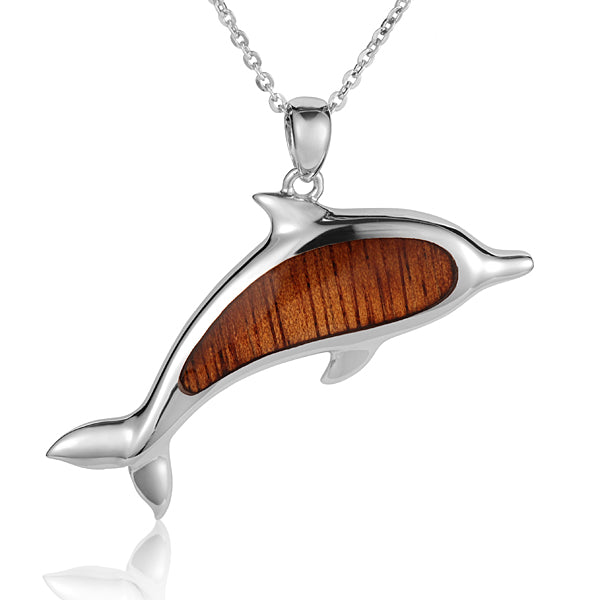KOA Wood Inlaid Sterling Silver Dolphin Pendant