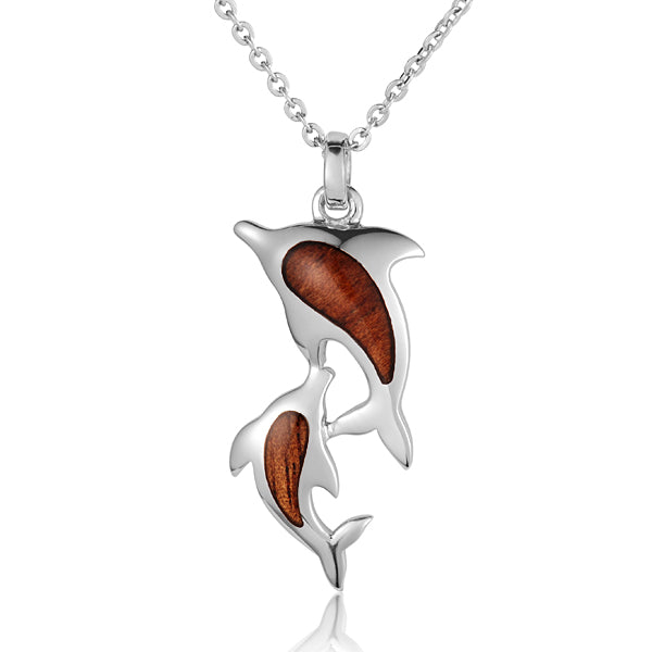 Hawaiian Jewelry Koa Wood Solid Silver Twins Dolphin Pendant