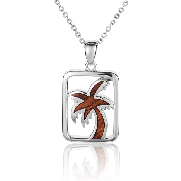 Hawaiian Jewelry Koa Wood inlaid Solid Silver Palm Tree Pendant