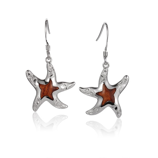 Hawaiian Jewelry Koa Wood inlaid Solid Silver hand engraving Starfish hook Earrings