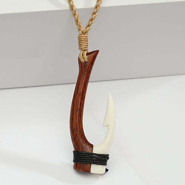 Koa Wood and Bone Fish Hook Necklace (S) 20x52mm