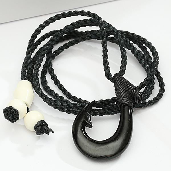 Black Bone Fish Hook with Carving Necklace 30x47mm