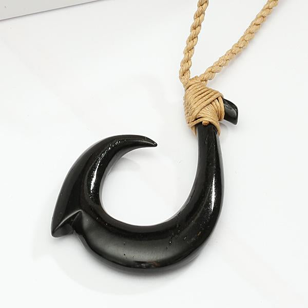 Black Bone Fish Hook with Carving Necklace 32x50mm